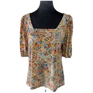 CeCe Floral Paisley Blouse in Orange and Blue